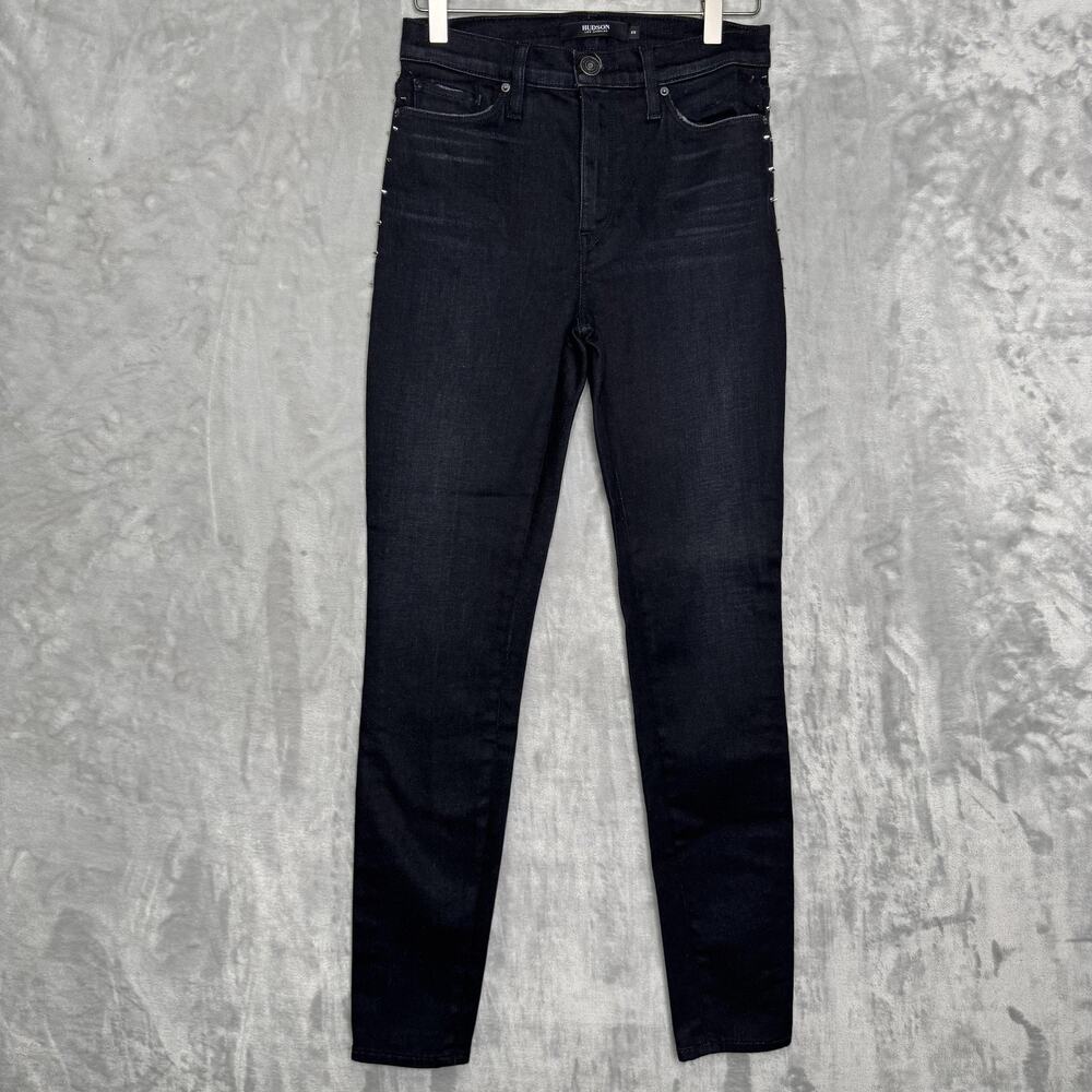 Hudson Barbara Super Skinny Jeans Womens 25 Black Studded High Rise Denim Pants
